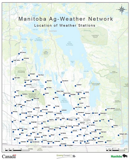 map of 120 weather stations across agro-Manitoba
