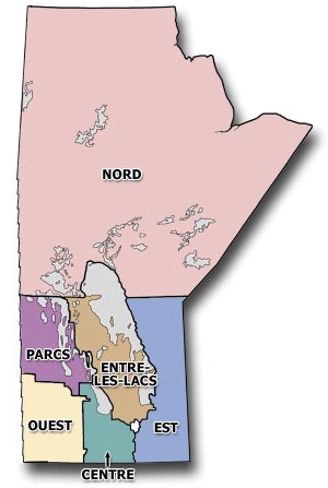 Carte du Manitoba illustrant les six r&eacute;gions : Nord, Entre-les-Lacs, Parcs, Est, Ouest et Centre