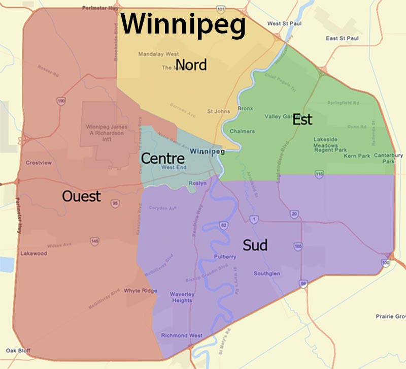 Carte de Winnipeg montrant les cinq districts