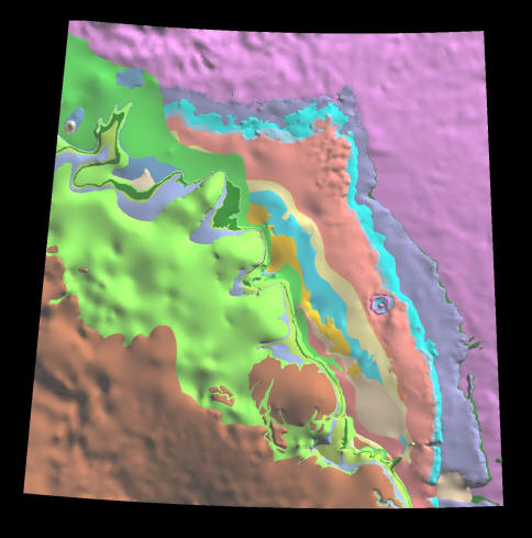 3D model image top down view of all modeled units (Precambrian to Cretaceous Belly River Formation).
