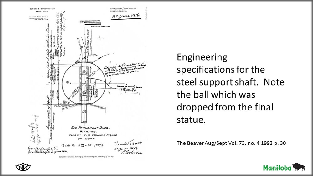 Engineering specifications for the steel support shaft.  Note the ball which was dropped from the final statue. The Beaver Aug/Sept Vol. 73, no. 4 1993 p. 30