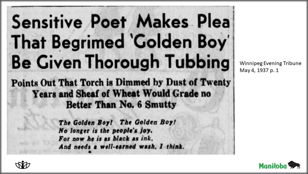 Sensitive Poet Makes Pleas That Begrimed 'Golden Boy' be Given Thorough Tubbing. Winnipeg Evening Tribune. May 4, 1937 p. 1

