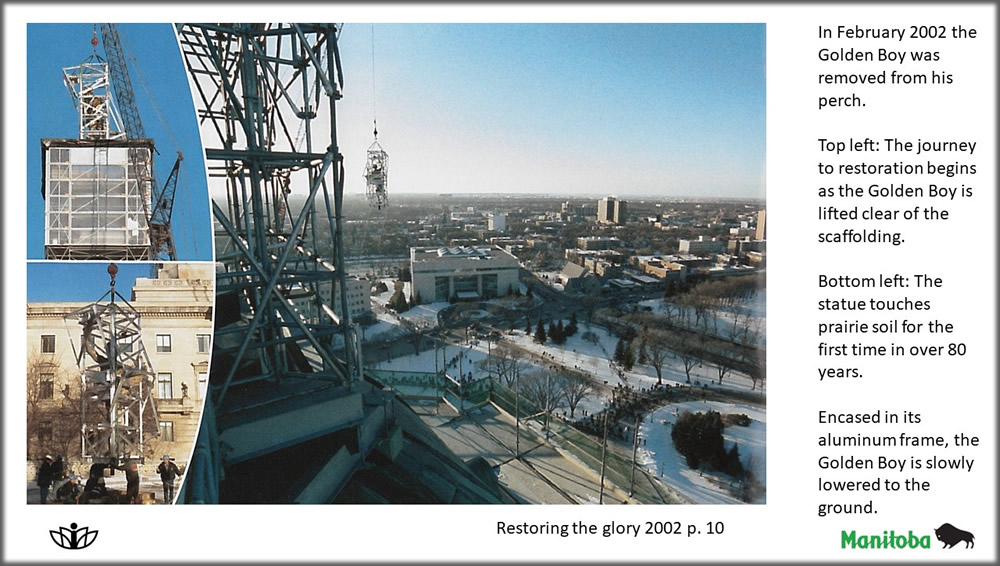 In February 2002 the Golden Boy was removed from his perch. Top left: The journey to restoration begins as the Golden Boy is lifted clear of the scaffolding. Bottom left: The statue touches prairie soil for the first time in over 80 years. Encased in its aluminum frame, the Golden Boy is slowly lowered to the ground.
