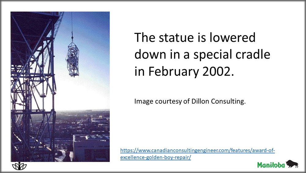 The statue is lowered down in a special cradle in February 2002. Image courtesy of Dillon Consulting.