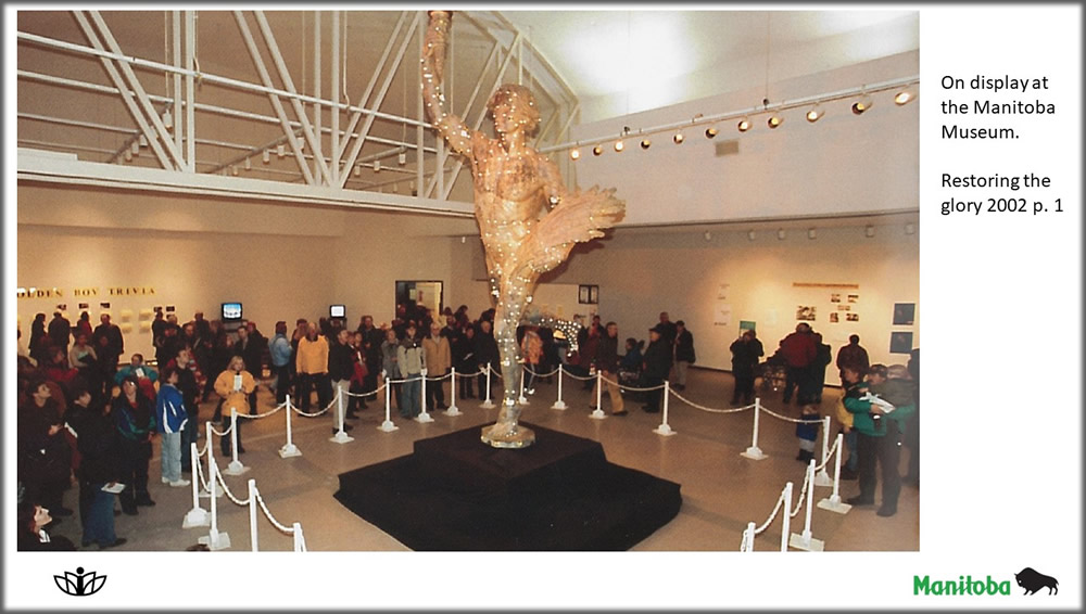 The Golden Boy on display at the Manitoba Museum. Restoring the glory 2002 p. 1