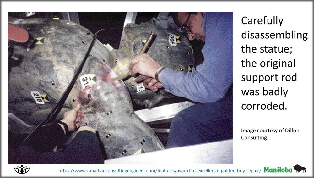 Carefully disassembling the statue; the original support rod was badly corroded. Image courtesy of Dillon Consulting.