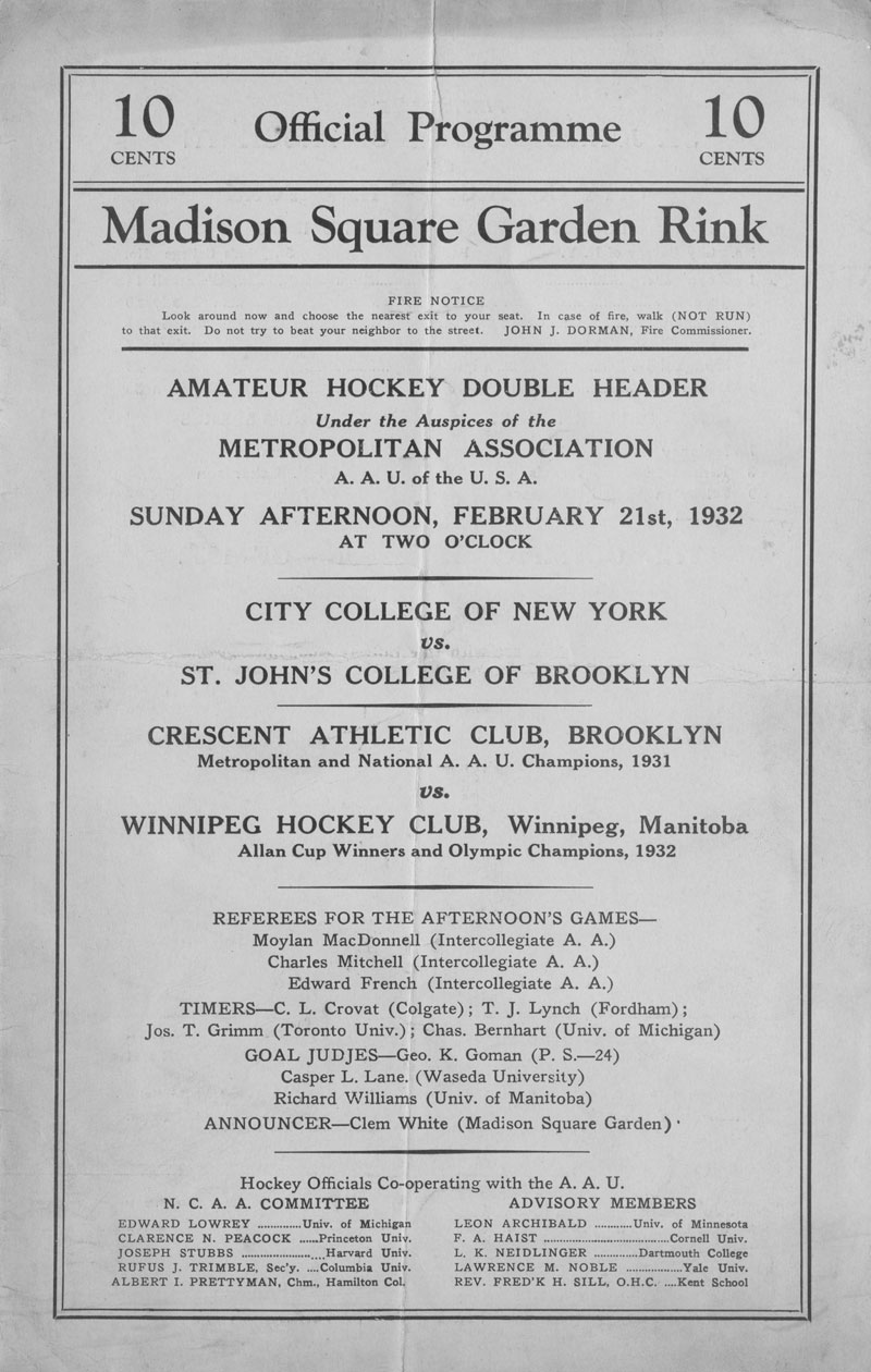 Official Program of the Amateur Hockey Double Header, February 21st, 1932 page 1