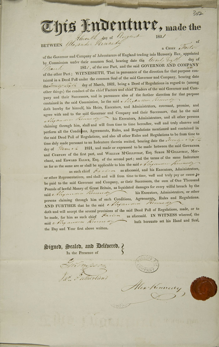 Kennedy's indenture with the Hudson's Bay Company, 1821