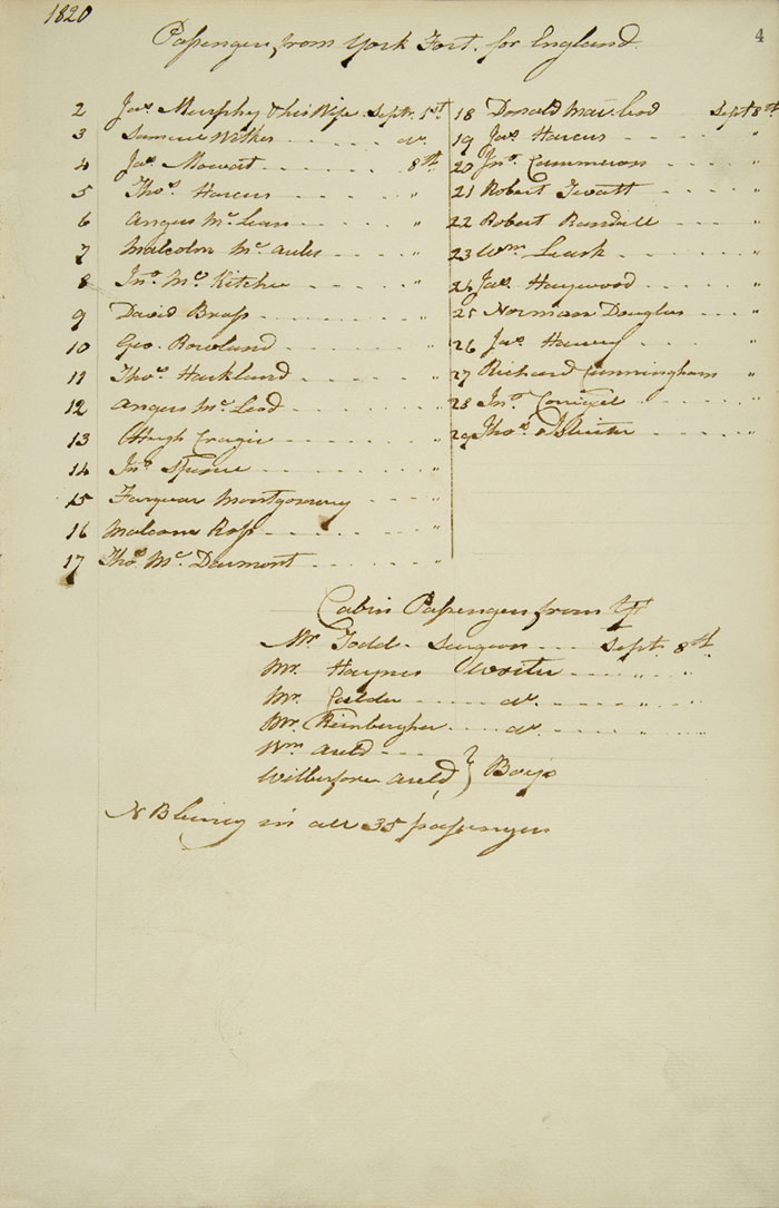 Eddystone's passenger list, 1820