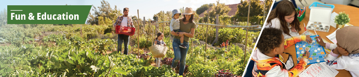 Banner with picture of a family with two kids, picking vegetables from field as well as three kids in an academic setting