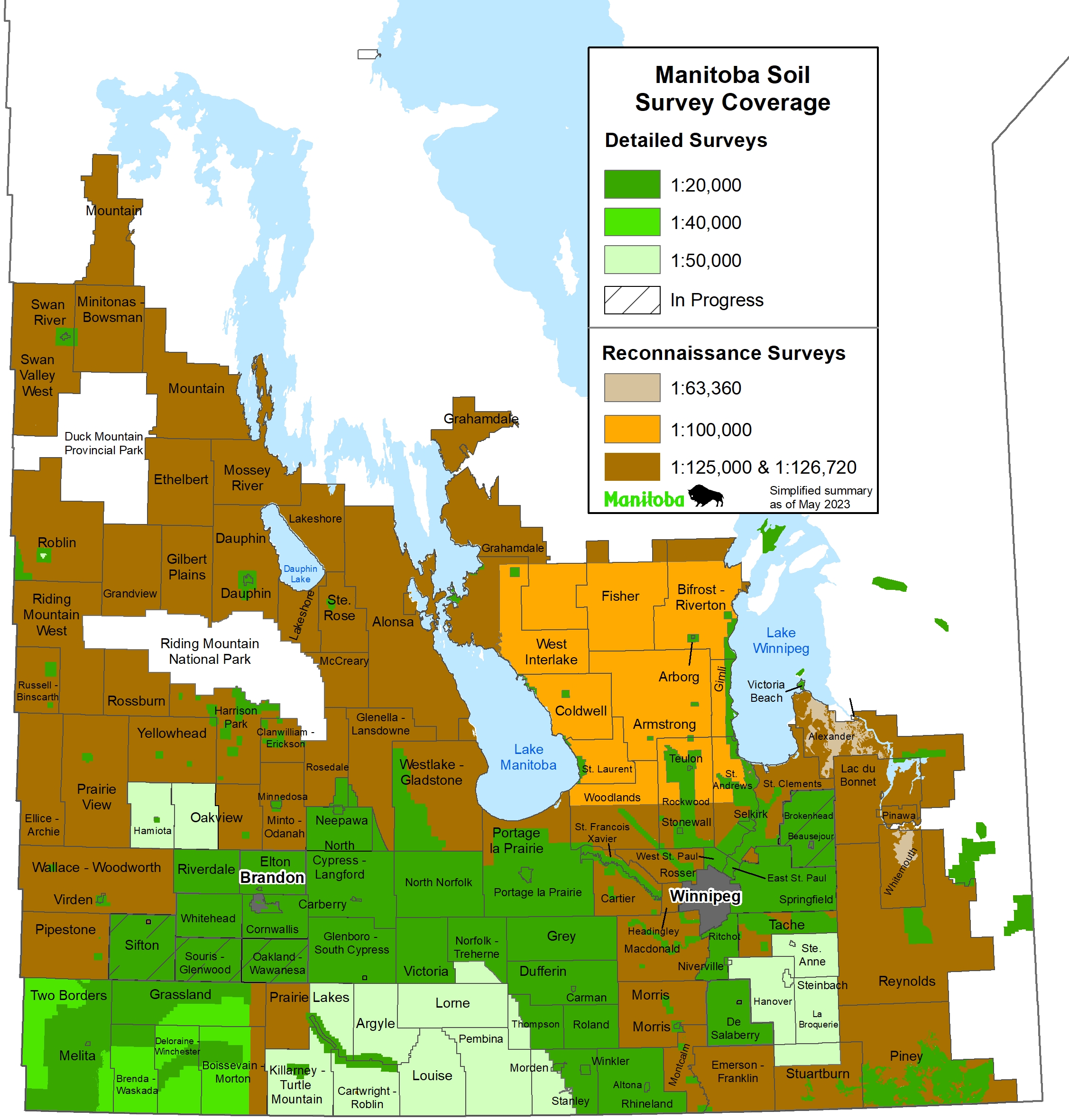A Soil Survey coverage map of Agro-Manitoba. The map displays scale coverage of detailed and reconnaissance scale by color.