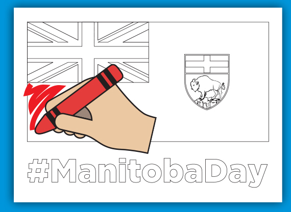 An illustrated hand colouring the Manitoba flag. hashtag ManitobaDay
