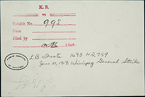 écriture manuscrite au dos de la photographie : Exhibit No. 995. L.B. Foote 1693 N2759. June 21, 1919. Winnipeg General Strike. Timbrée : Public Archives of Manitoba.