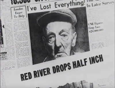 newspaper article with photo of mans face, text: Red River Drops Half Inch
