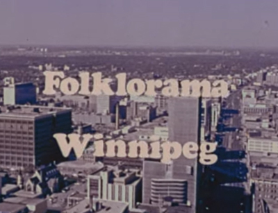 skyline of city of Winnipeg, wordmark: Folklorama Winnipeg