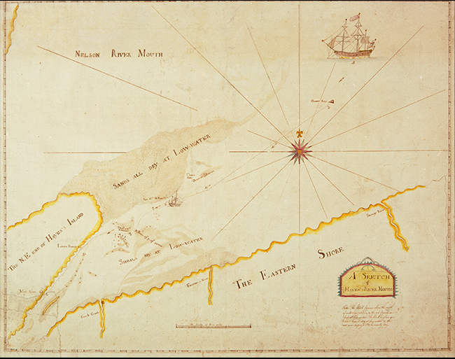 hand drawn map entitled “A sketch of Hayes's River Mouth”, showing the Nelson River Mouth, N.E. end of Haven's Island and the Eastern Shore