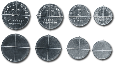 photo of 4 round aluminum tokens, in descending sizes and dominations, showing front and back of tokens