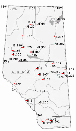 Map of Alberta with the locations of HBC Fur Trade Posts