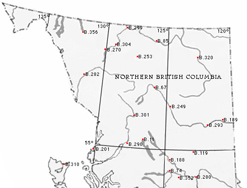 Map of Northern British Columbia with the locations of HBC Fur Trade Posts
