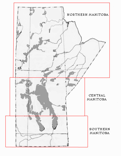 Map of Manitoba divided into North, Central, and South regions