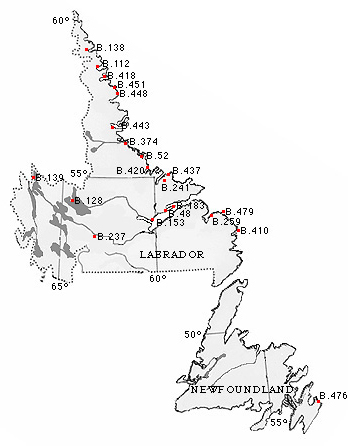 Map of Newfoundland and Labrador with the locations of HBC Fur Trade Posts