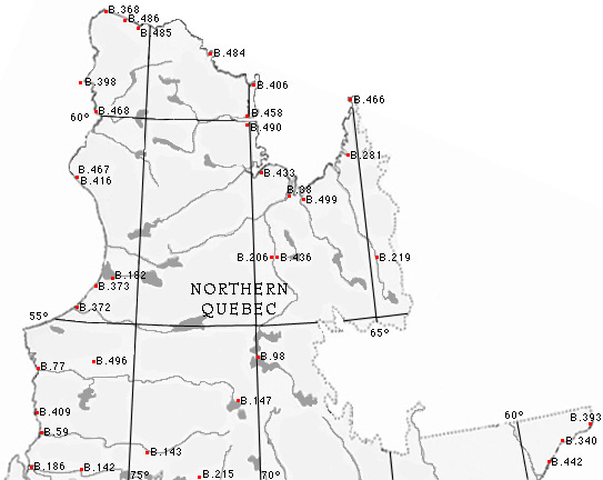 Map of North Quebec with the locations of HBC Fur Trade Posts