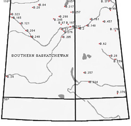 Map of Southern Saskatchewan with the locations of HBC Fur Trade Posts