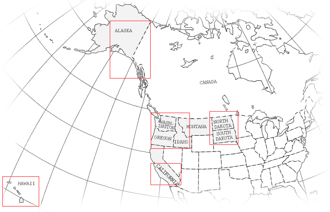 Map of United States with Alaska, California, Hawaii, North Dakota, South Dakota, Idaho, Montana, Oregon, and Washington highlighted