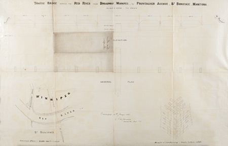 Plan et vue de profil de la traversée de pont proposée sur la rivière Rouge.