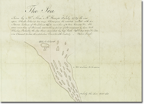 Detail from Turnor's map showing an illustration of a waterway near Whale Island. It is labelled: “The Sea. Seen by W. Alex McKenzie 12th July 1729. He was upon Whale Island two days, Whereupon he erected a Post with his Name, Latitude of the Island 69.1 degrees, Number of Men Canoes Etc. He saw numbers of Animals resembling peices of Ice supposed by him to be Whales. Probably the Sea Horse described by Cap. Cook Val 2 Page 457. The Tide was Observed to Rise 16 or 18 Inches, Variation 36 Easterly, Water Fresh. Not a Tree to be seen. In July the Sun don't Set”