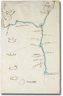 Hand drawn map of the area covered by the Selkirk Treaty. It includes two mile tracts along both sides of the Red and Assiniboine Rivers. The same animal figures used to represent the signatures of the indigenous leaders are indicated on the map. Link opens a larger version of the image.