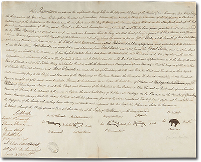 The treaty is handwritten and signed by Lord Selkirk. Several drawings of animals represent the signatures of the Chiefs and Warriors of the Chippeaway or Sautaux Nation and the Killistine or Cree Nation. There is a snake for Mache Wheseab, a fish for Mechkaddewikonaie, a fish for Kayajieskebinoa, a small animal for Pegowis, and a bear for Ouckidoat. Link opens a larger version of the image.