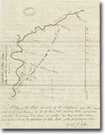 Carte montrant le Red River, Assiniboine River, Catfish Creek, Brandon house, Seven Oaks, et Frog Plains. “Cart Tracks of the NWC Servants” et “The track of M. Fraser and two men”