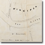 sketch of the Red River in St. Boniface, Winnipeg with the location of the proposed Broadway Bridge