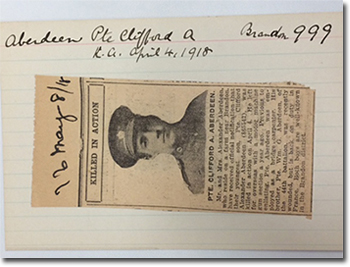 index card with newspaper article and picture of Clifford Aberdeen