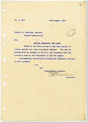 Letter from  F. C. Ingrams, Secretary, to Herbert E. Burbidge, Stores Commissioner