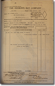 contrat à expédier 550000 mètres Blue Army Cloth à New York pour $ 783750, 12 novembre 1914 (Page tirée des Archives de la Compagnie de la  Baie d'Hudson, Archives du Manitoba, sous la description Purchases Department records, Contracts #1 – 100 HBCA RG22/9/3)