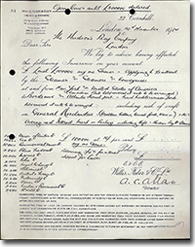 contrat d'assurance, 30 novembre 1914 (Pages tirées des Archives de la Compagnie  de la Baie d'Hudson, Archives du Manitoba, sous la description Insurance Department miscellaneous records,  1914-1915 HBCA RG22/3/2/1)
