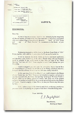 lettre adressée à " Dear Sir " et signé par " E. F. Inglefield, Rear-Admiral, Secretary of Lloyd " demandant que les officiers du navire pour compléter le CO Forms et Block Sketches et de les retourner à Lloyds. Pages  tirées des Archives de la Compagnie de la Baie d’Hudson, Archives du Manitoba,  Miscellaneous records from Hudson’s Bay Company’s wartime business with European governments, Circular letter from the Secretary, Lloyd’s, in connection  with “Block Sketches of War and Merchant Vessels”; supplementary sheet, April  1915 (HBCA RG22/29/20)