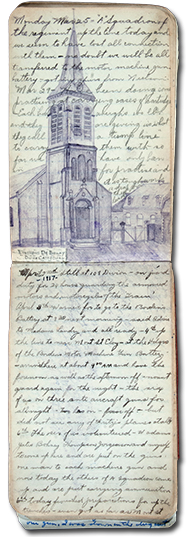 Page in diary of George Hambley with handwritten text and a sketch of the Environs De Bruay Divion Cathedral in France