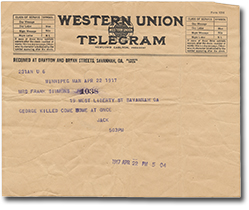 Western Union telegram from Jack Battershill in Winnipeg, Manitoba to Amelia Simmons in Savannah, Georgia, dated April 22, 1917. It reads: “George killed come home at once. Jack”