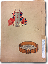 cover of the “Second Contingent, Military District No. 10 1915” booklet. The cover has a illustration of two military flags and a illustration of a military belt with the words “In commeration of the second contingent going to the front from miliatry district no. 10 canada 1915”