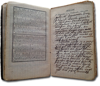 Photo of Wilfred Rutherford's diary, open to show two pages. One page has a calender in French for July–December, 1917. For each day of each month, there is a different name listed next to the date. Rutherford's handwritten diary entry for July 1, 1917 is on the other page. 