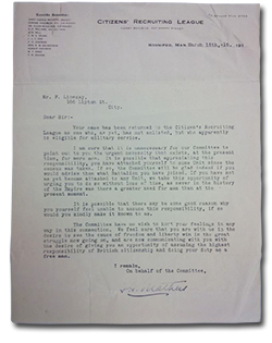 Letter with 1 page from The Citizens’ Recruiting League to Fred Livesay