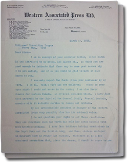 lettre avec 2 pages de Fred Livesay à la Citizens’ Recruiting League