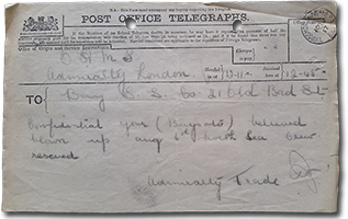 telegram to Bay Steamship Company from the British Admiralty: “Confidential your (Baysoto) believed blown up aug 6th North Sea crew rescued”