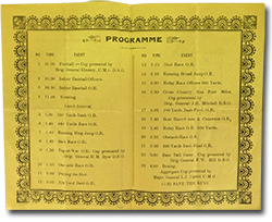 inside of pamphlet: “Programme: 10.30 Football - Cup presented by Brig. General Elmsley, C.M.G.D.S.O; 10.30 Indoor Baseball Officers; 10.30 Indoor Baseball O.R., 11.00 Wresling, Lunch interval, 1.30 100 Yards Dash O.R., 1.40 440 Yards Race O.R., 1.40 Running Hing Jump O.R., 1.50 Tug-of-War O.R. Cup presented by Brig. General H.M. Dyer D.S.O, 1.55 One mile Race O.R., 2.00 Putting the Shot, 2.05 220 Yard Dash O.R., 2.15 Boot Race O.R., 2.20 Relay Race Officers 880 Yards, 2.30 Cross Country Run Four Miles Cup presented by Brig. General J.H. Mitchell D.S.O., 2.35 100 Yards Dash Final O.R., 2.40 Boat Races-S men & Coxswain O.R., 2.45 Relay Race O.R. 880 Yards, 2.55 Obstacle Race O.R., 3.00 220 Yards Dash Final O.R., 3.00 Base Ball Game cup Presented by Brig General F.W. Hill D.S.O., 4.00 Boxing Aggregate Cup presented by Major General L.J. Lipsett C.M.G. God Save the King.”