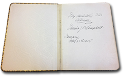 first page of Minnie Julia Beatrice Campbell's autograph book, with handwritten title “My Auxiliary War Album. Minnie J. B. Campbell. Inverary. February 22nd 1915”