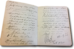 Two pages in the autograph book with lists of signatures of military personnel, their rank, and unit