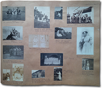 a page in the scrap book with 15 photos of Mina Mowat